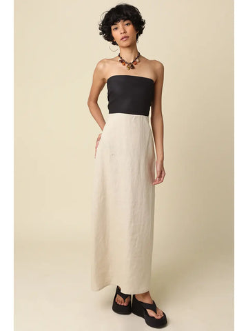 MEI CONTRAST STRAPLESS LINEN MAXI DRESS