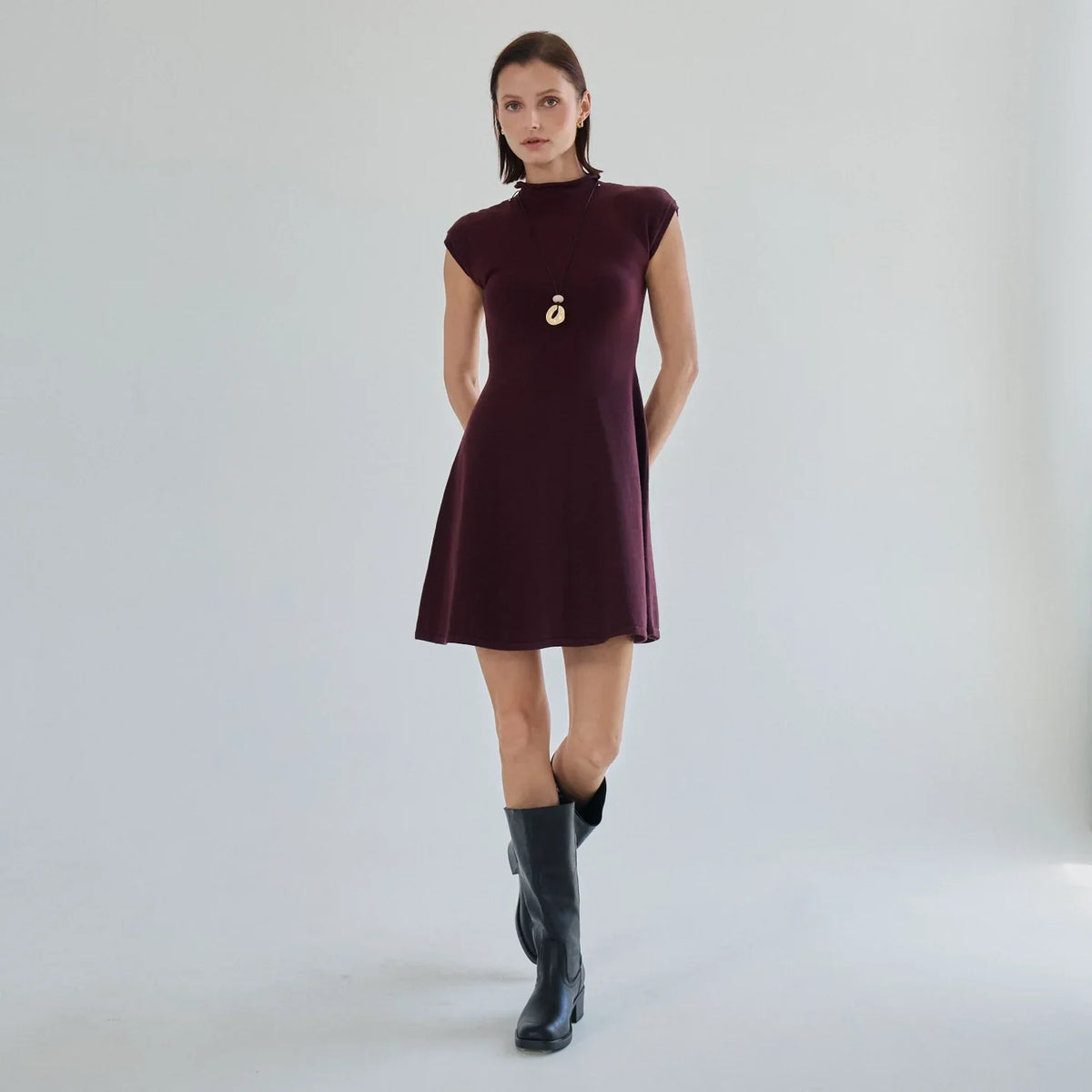 MOCK NECK FIT & FLARE MINI SWEATER DRESS