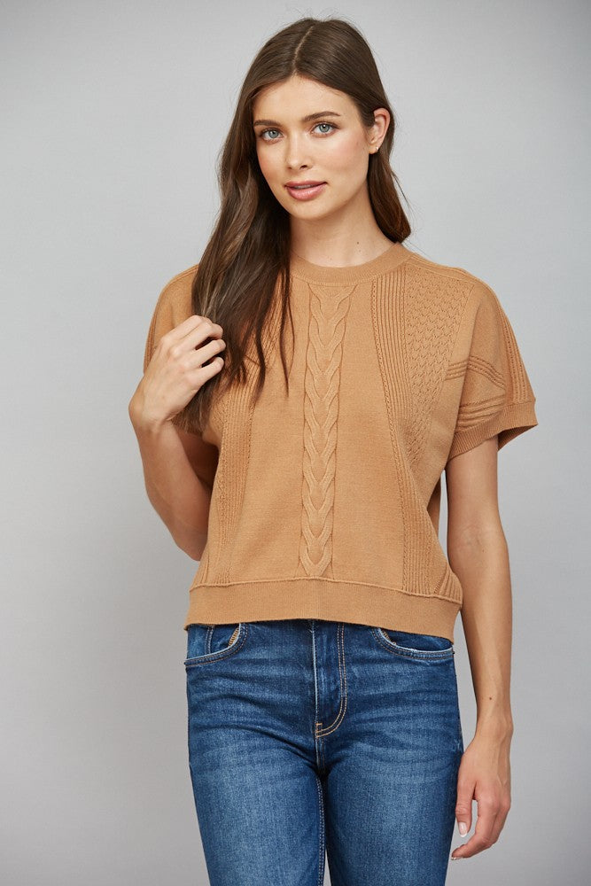 MIXED KNIT SHORT SLEEVE SWEATER