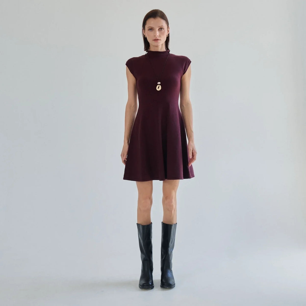 MOCK NECK FIT & FLARE MINI SWEATER DRESS