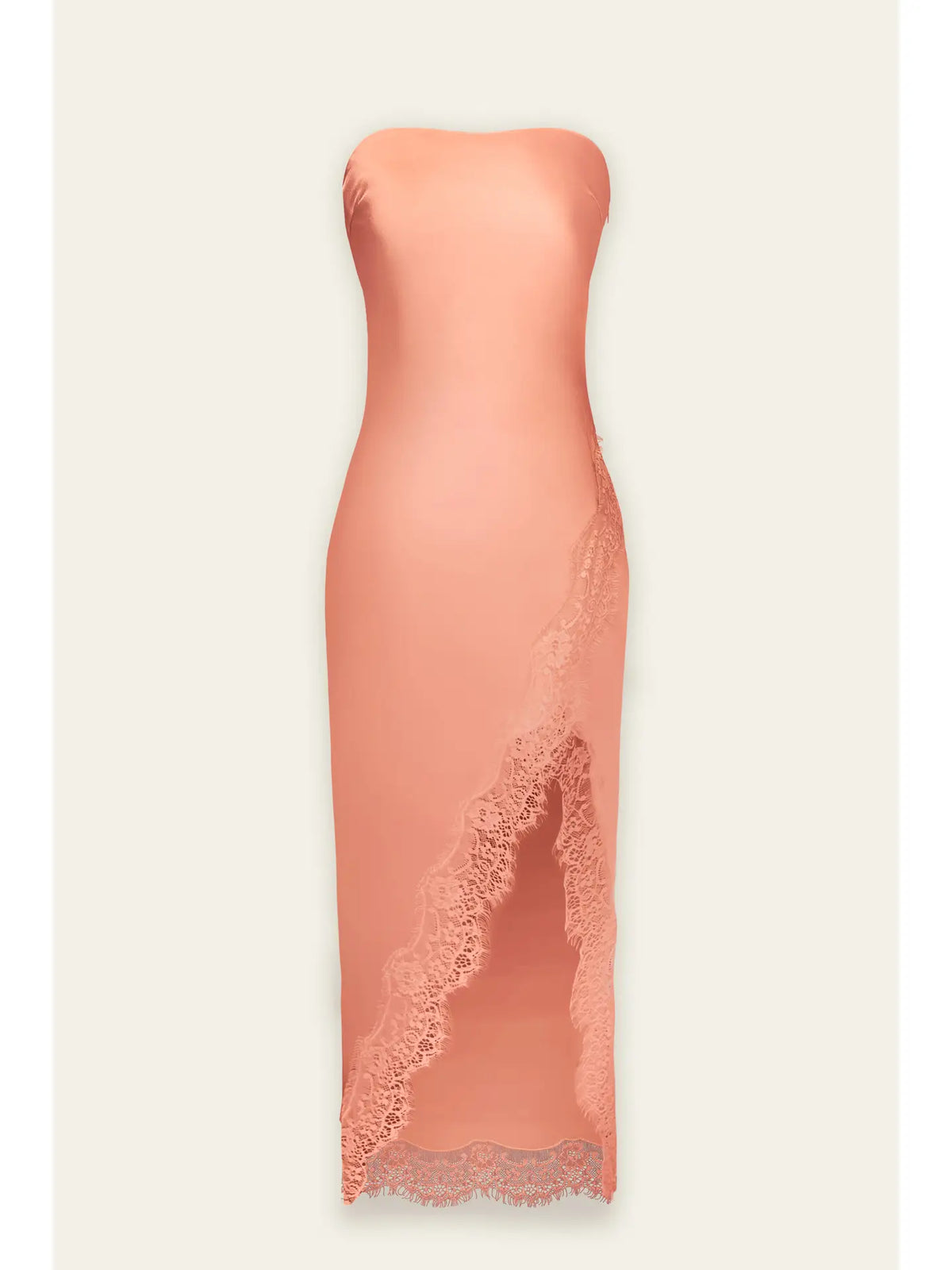 SATIN STRAPLESS LACE HEM MIDI DRESS
