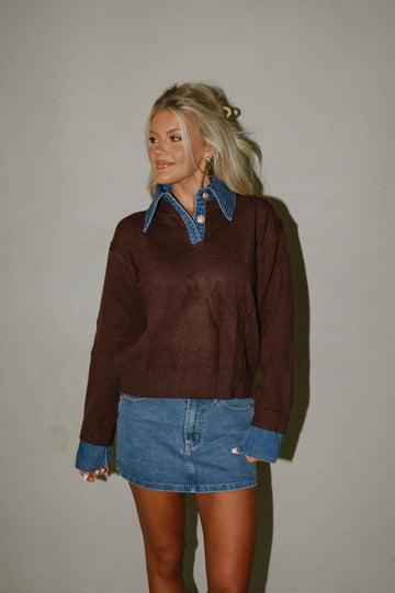 Denim Knit Top-Brown