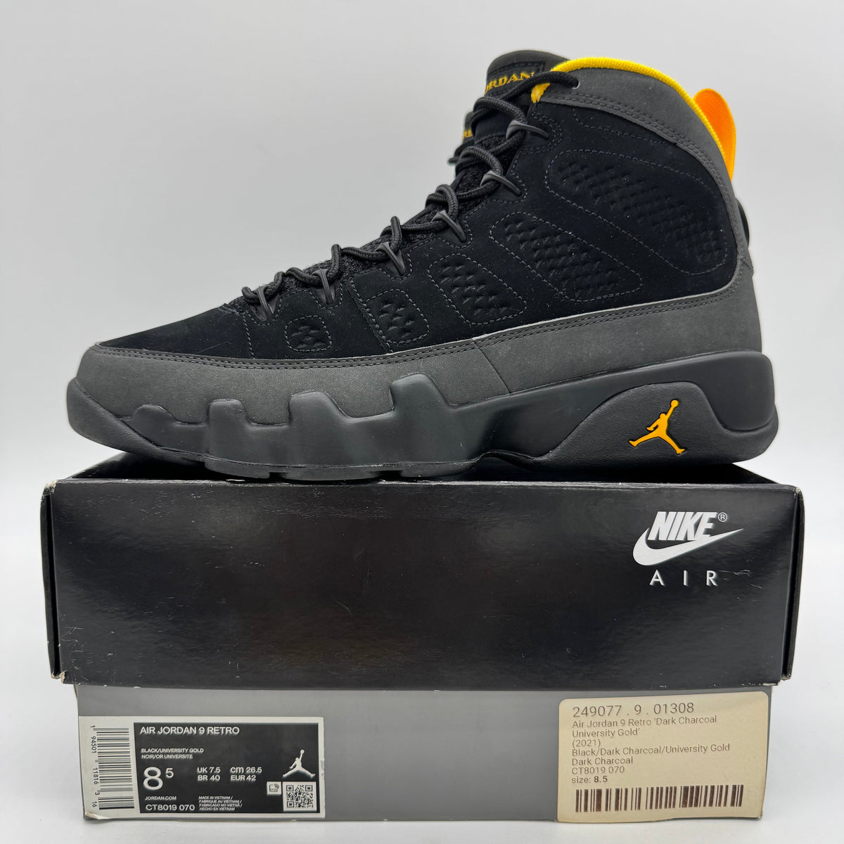 Jordan 9 Dark Charcoal University Gold